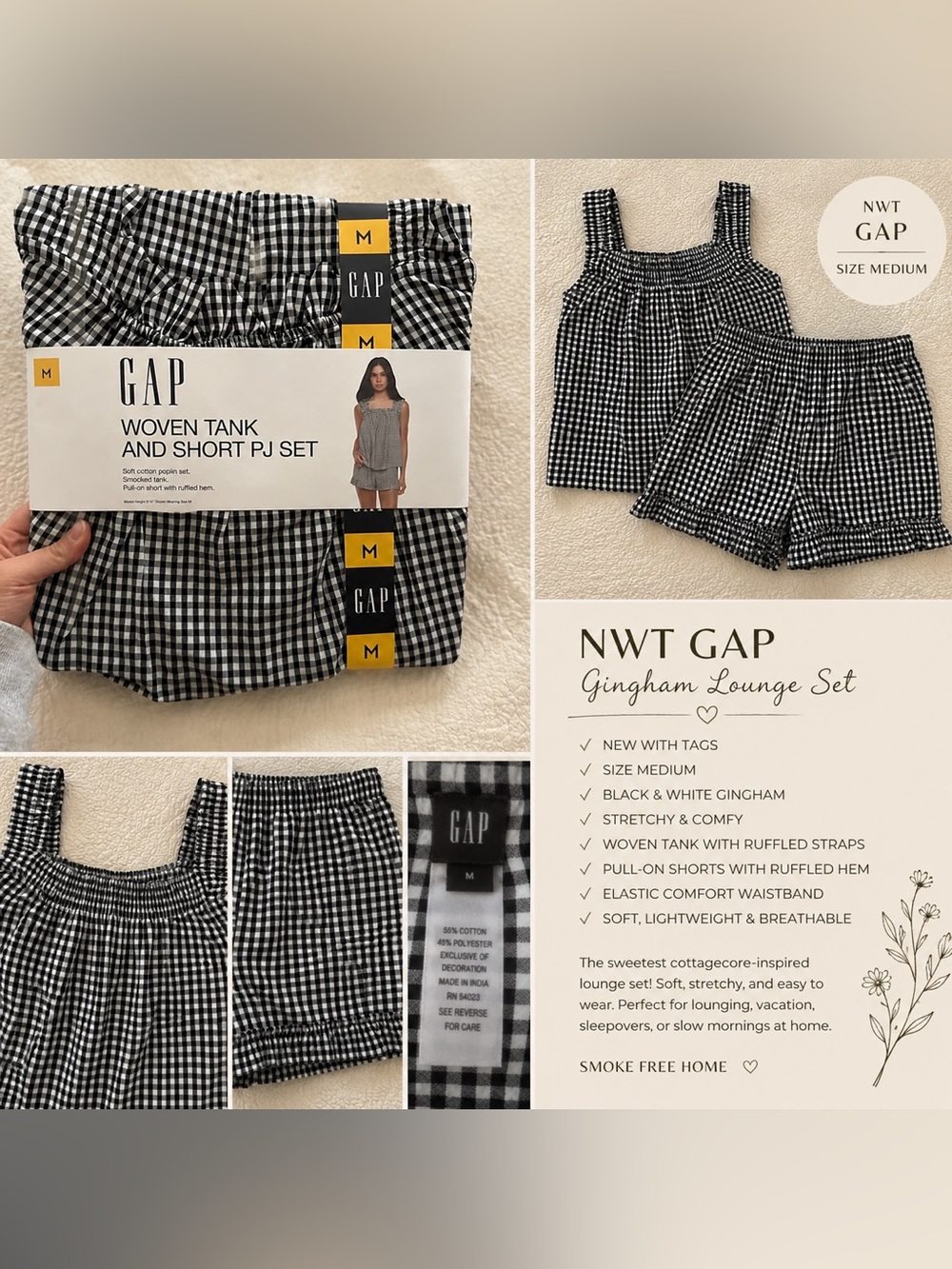 GAP ✨nwt- Gingham Ruffle Tank & Shorts Cottagecore Set - Black and White